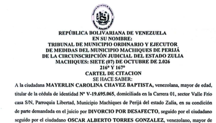 Cartel de Citación a Mayerlin Carolina Chávez Baptista para hacerse presente en el Juicio por Divorcio por Desafecto 2 Captura de pantalla 2026 10 24 a las 5.11.32 p. m