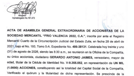 3era. Publicación del Acta de Asamblea General Extraordinaria de Accionistas Frío Valencia 2022 con ocasión de su Disolución 2 Captura de pantalla 2026 10 27 a las 3.50.55 p. m