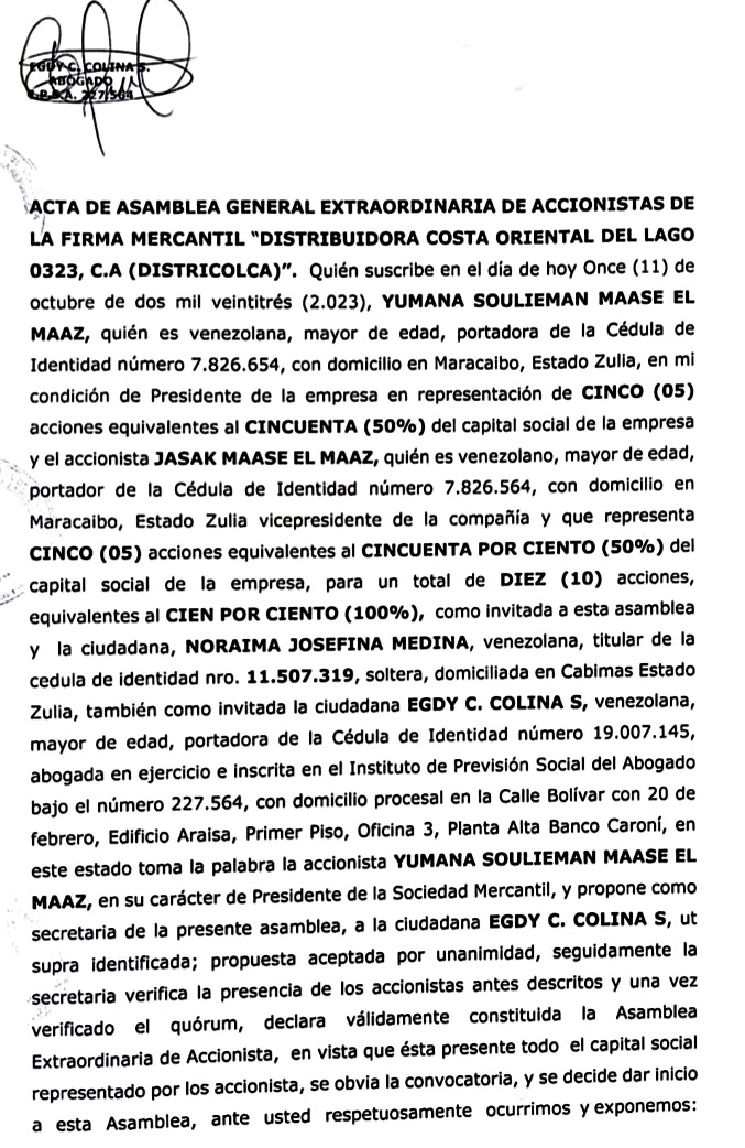 Acta de Asamblea General Extraordinaria de Accionista de Distribuidora Costa Oriental de Lago 0323 C.A. con ocasión de su Disolución 1 Districolca1