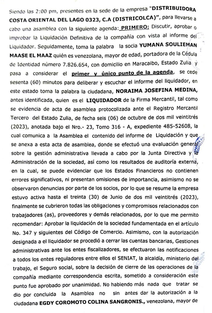 Acta de Asamblea General Extraordinaria de Accionista de Distribuidora Costa Oriental de Lago 0323 C.A. con ocasión de su Disolución 2 Districolca2