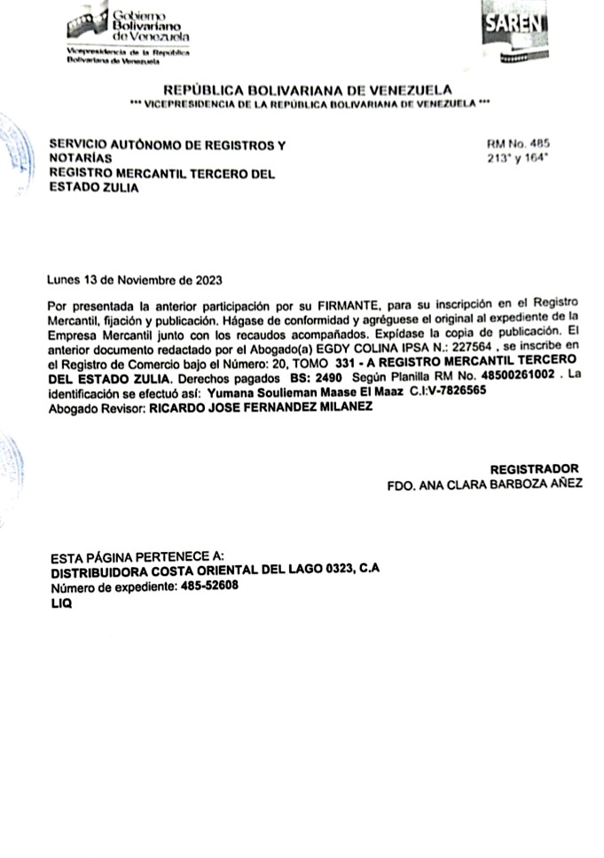 Acta de Asamblea General Extraordinaria de Accionista de Distribuidora Costa Oriental de Lago 0323 C.A. con ocasión de su Disolución 5 Districolca5