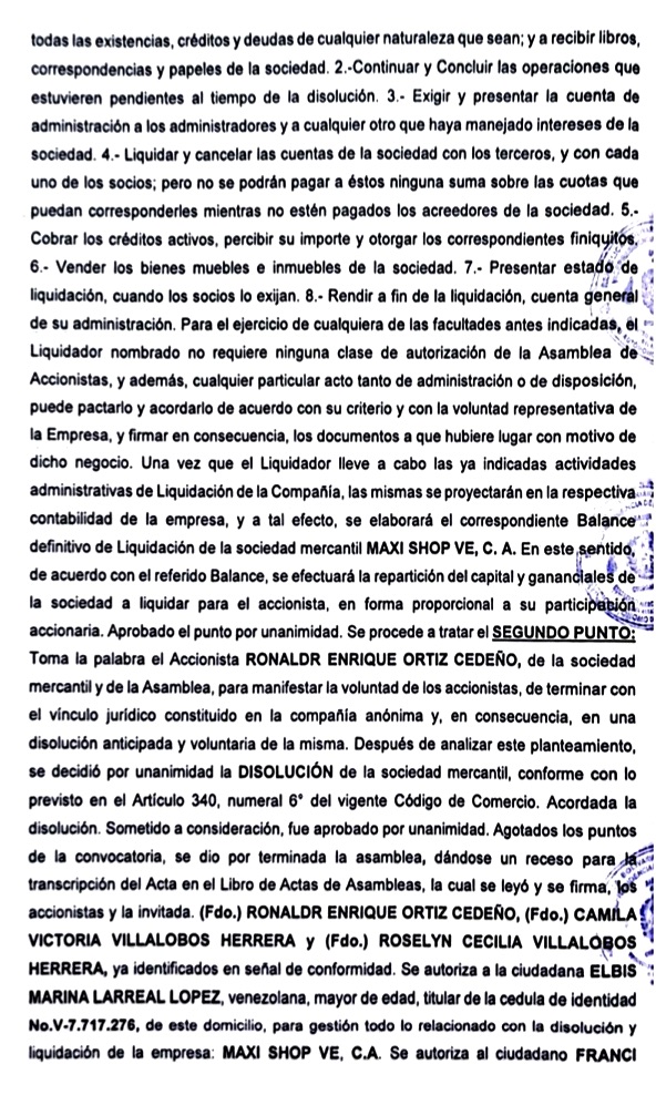Publicación Acta de Asamblea General Extraordinaria de Accionista de Maxi Shop VE C.A. con motivo de su disolución 2 Maxi Shop 2