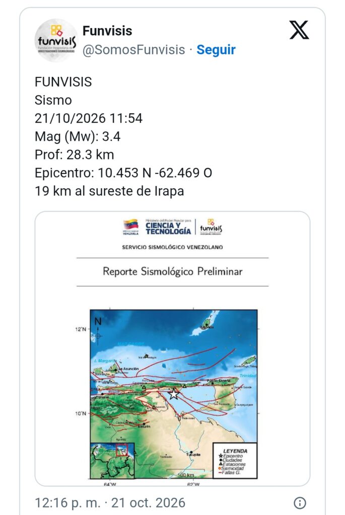 Funvisis reportó sismo de magnitud 3,4 al sureste de Irapa, estado Sucre 2 Screenshot 20261021 152415